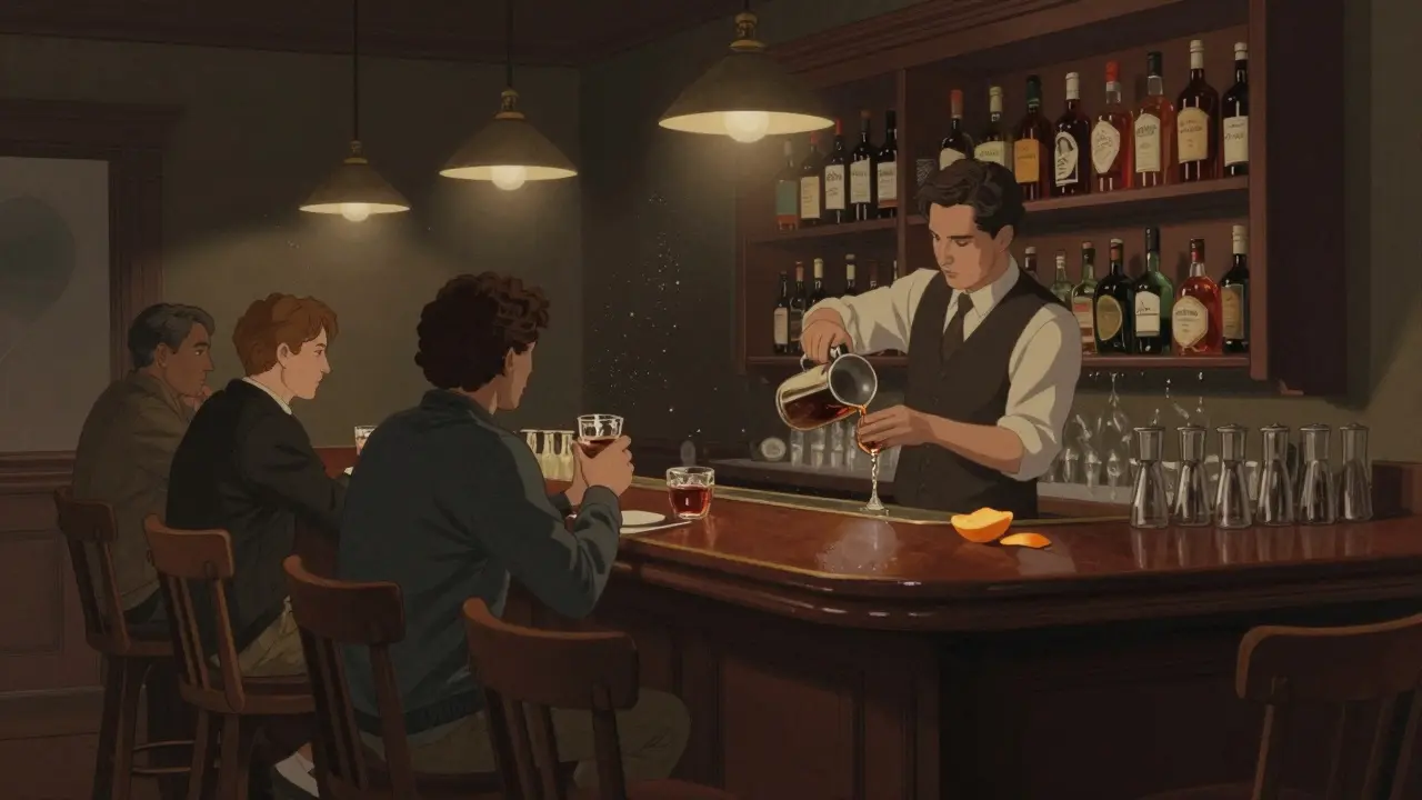 Bar Basso interior at night with patrons sipping Americanos at a polished wooden bar.