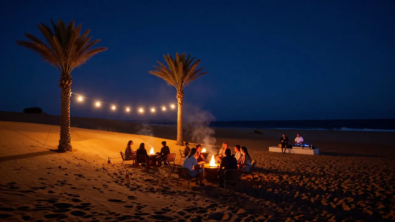 Beachside lounge at dusk with fire pits, lanterns, and dunes under a starry sky, people relaxing quietly.