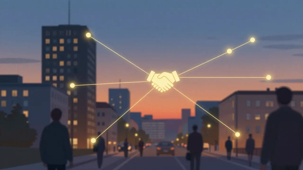 Berlin cityscape at twilight with safe meeting points glowing in golden light, contrasting shadowy unsafe areas.