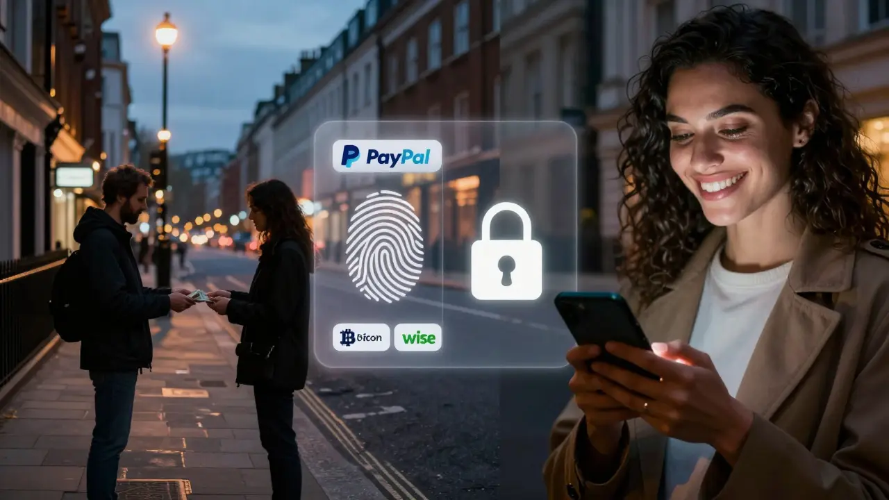 Contrasting scenes: cash exchange on a dark street versus a smartphone showing secure digital payments.