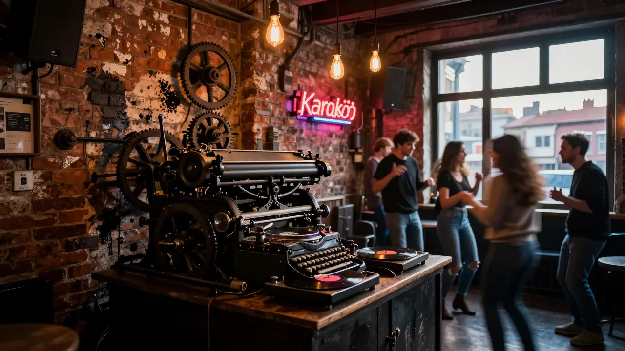 Converted printing press club in Karaköy with industrial decor and crowd dancing at dawn.