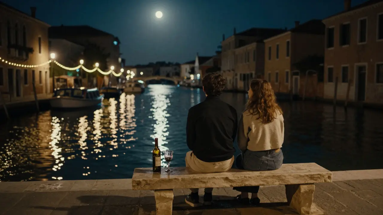 Couple sitting on a bench by Milan's Navigli canal at night, lights reflecting on water, peaceful atmosphere.