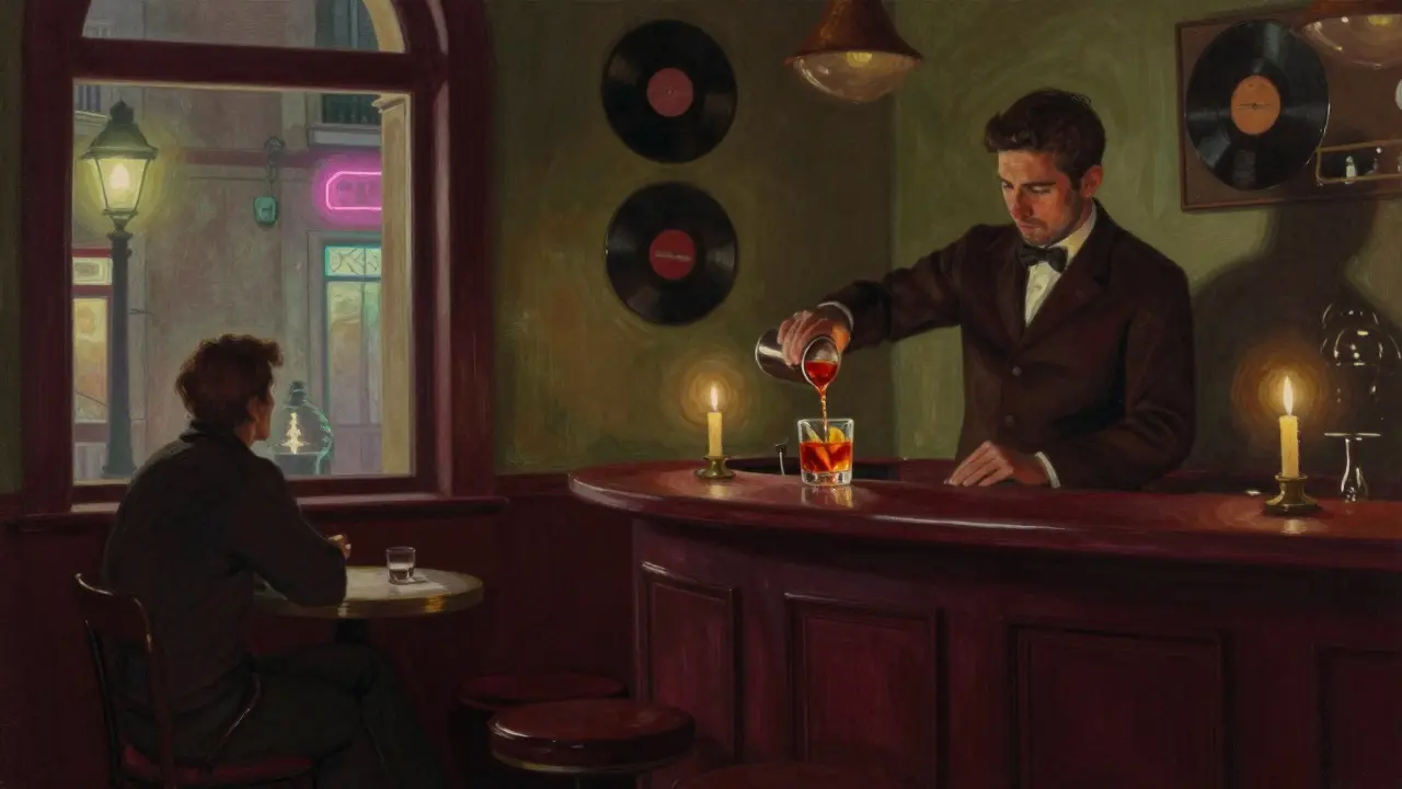 Cozy interior of Bar Basso with bartender pouring a Negroni Sbagliato under soft candlelight.