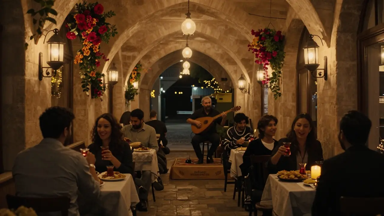 Cozy, lantern-lit arcade filled with people enjoying rakı and meze, live music playing in the background.
