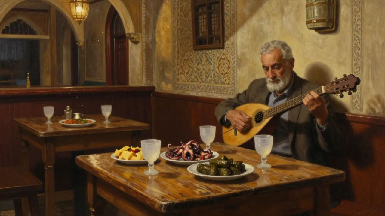 Cozy raki bar with traditional Turkish drinks, meze, and a musician playing bağlama in vintage arcade setting.