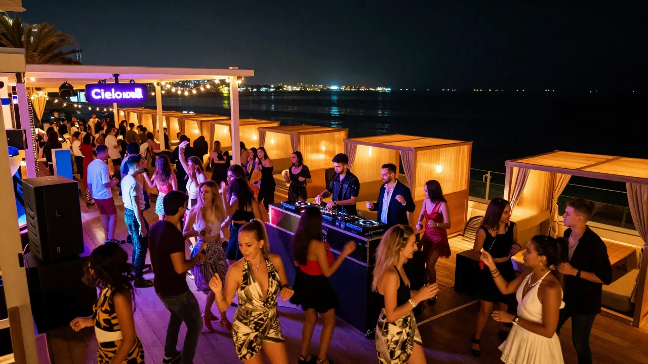 Crowd dancing at Dubai Marina's beach club under string lights and neon signs.