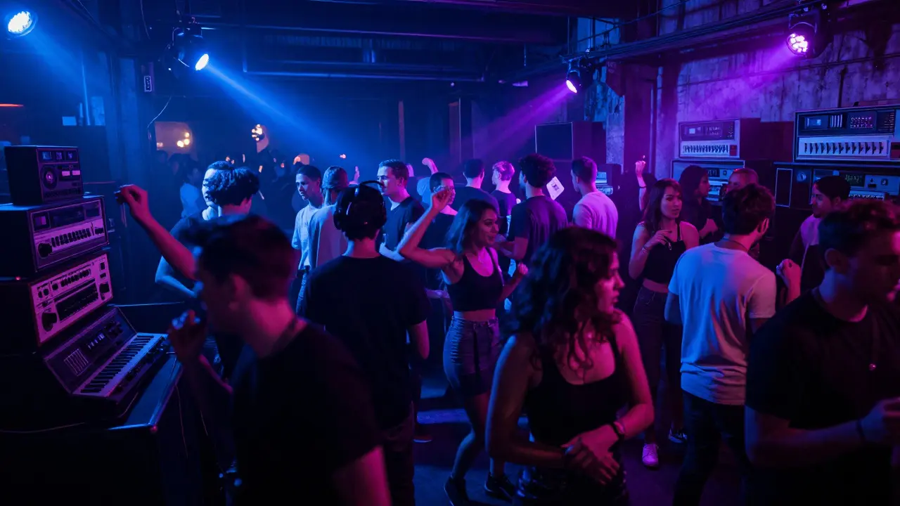 Crowd dancing in Alcatraz nightclub under strobing lights in an industrial warehouse at 3 a.m.