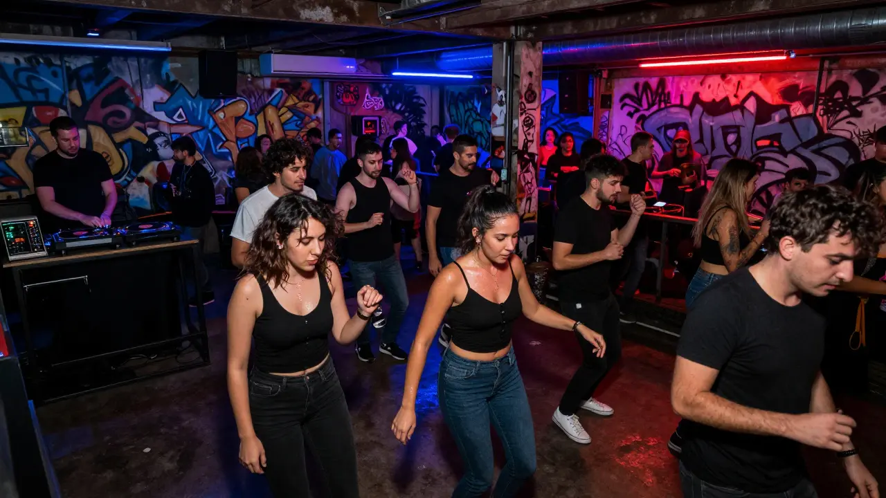 Crowd dancing in an industrial warehouse club with neon lights and bass vibrations