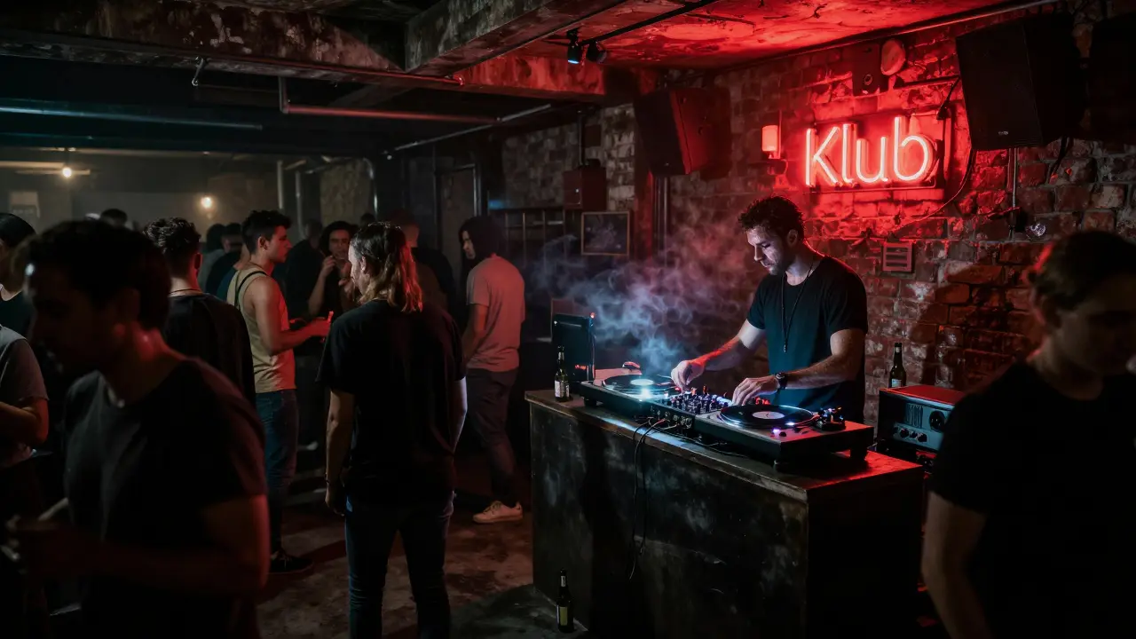 Crowd lost in music in a dim, gritty underground warehouse club with exposed brick walls and strobe lights.