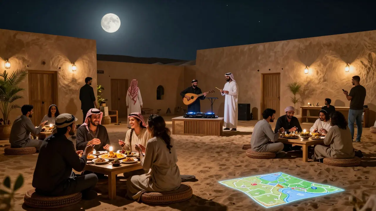 Desert pop-up lounge with music, low tables, and guests under moonlight, cultural fusion in the air.