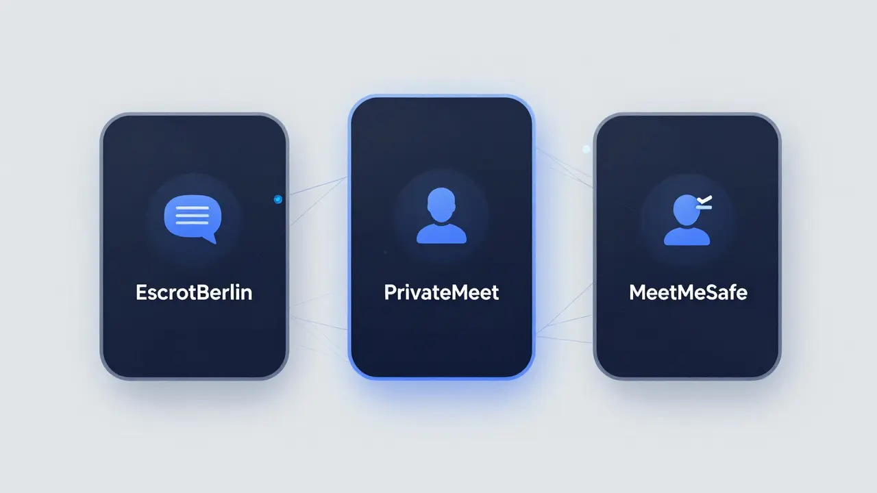 Digital interface showing secure escort platforms with icons for encryption, verification, and safety reporting.
