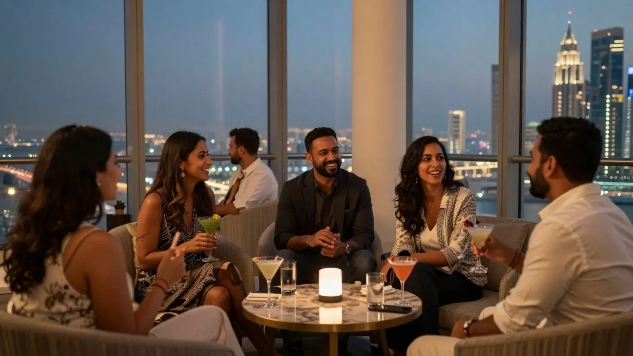 Diverse guests socializing casually at a high-end Abu Dhabi lounge with city lights in the background.