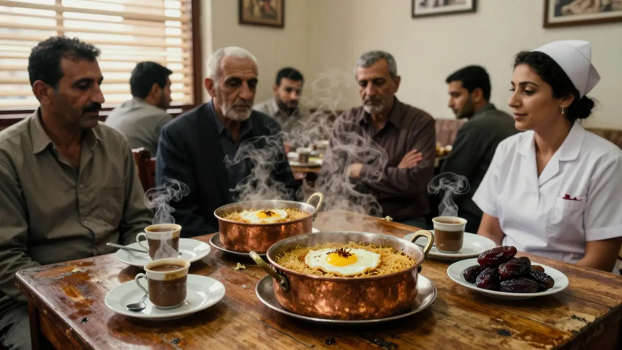 Early morning meal of sweet vermicelli with fried eggs and Arabic coffee.