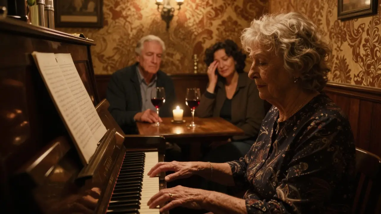 Elderly woman playing piano at midnight in a cozy bar, lone listeners moved by music in soft candlelight.