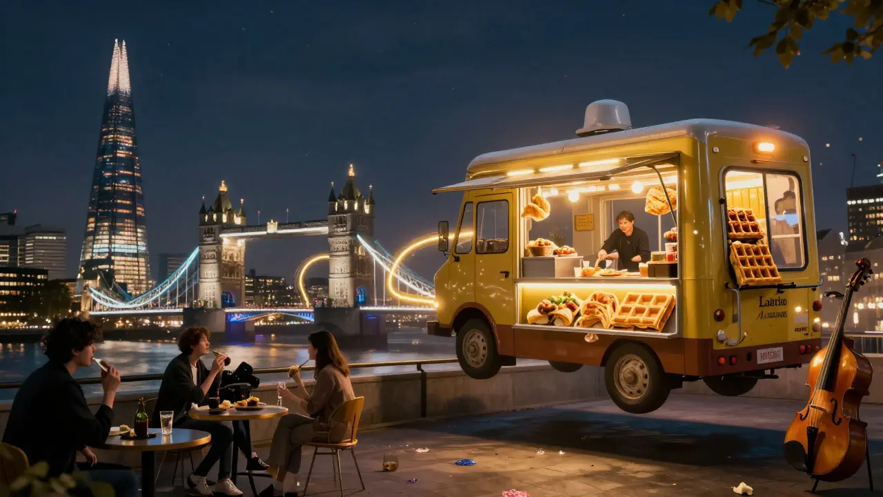 Floating food trucks glowing above London skyline at dawn, connected by trails of food.