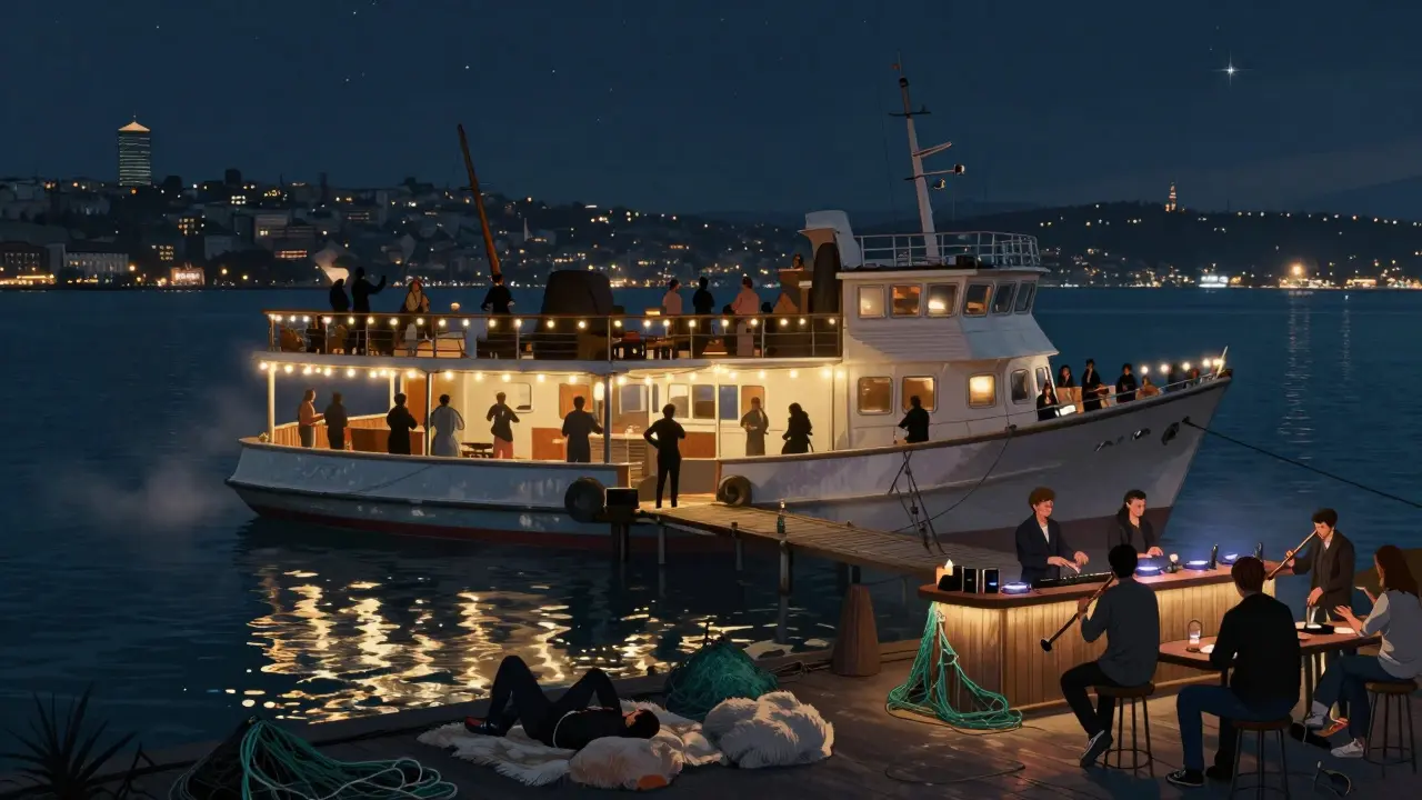 Floating nightclub on the Bosphorus at night with dancers under string lights and city reflections.