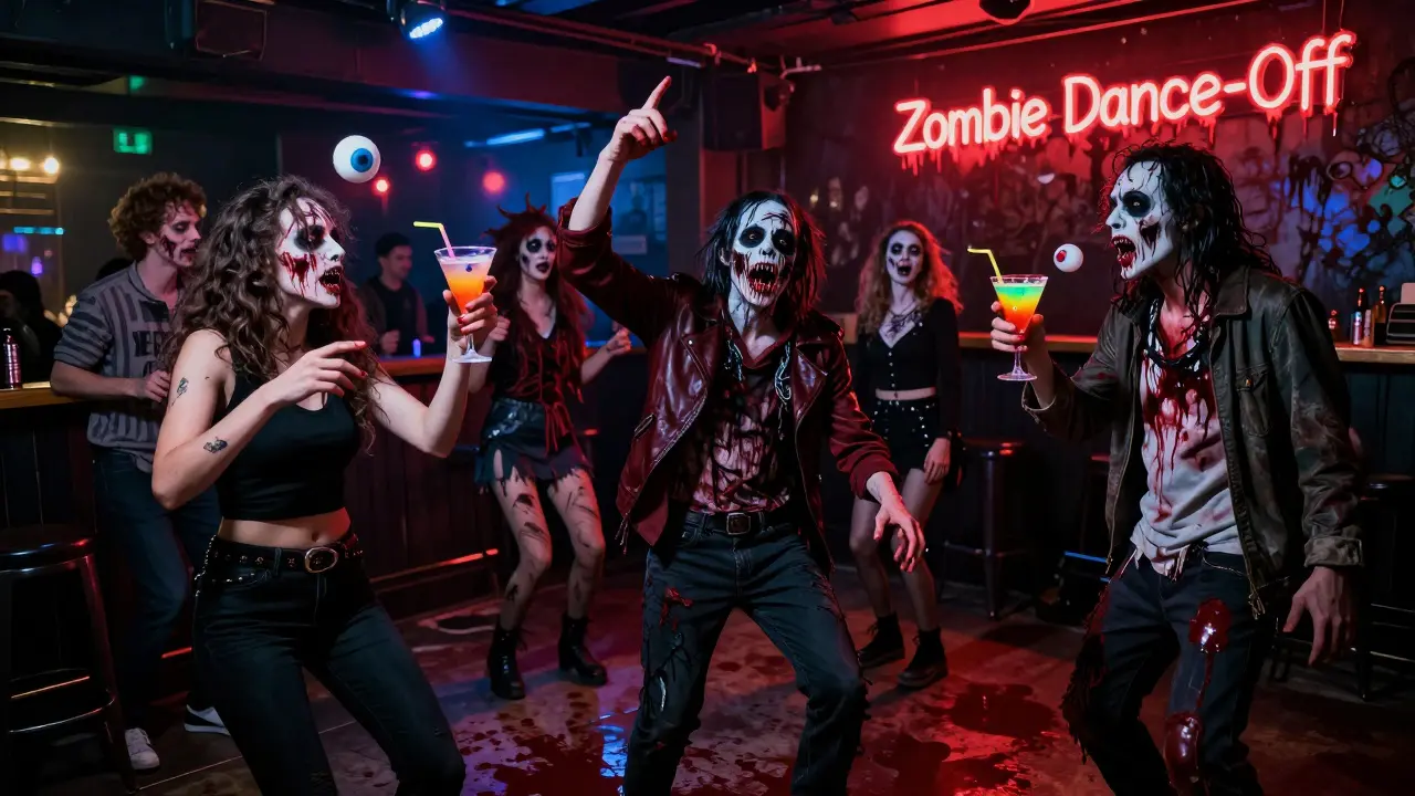 Guests in zombie makeup dance under strobe lights at a themed horror party.