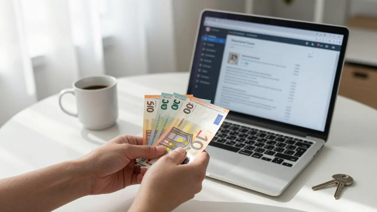Hands exchanging cash in a clean apartment, with a verified escort platform visible on a laptop screen.