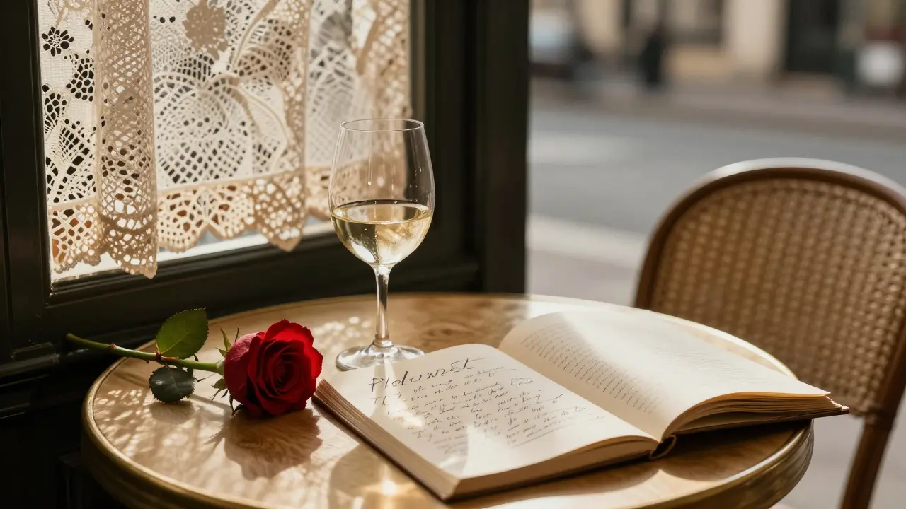 Handwritten note, open book, and rose on a table at Café de Flore with soft morning light.