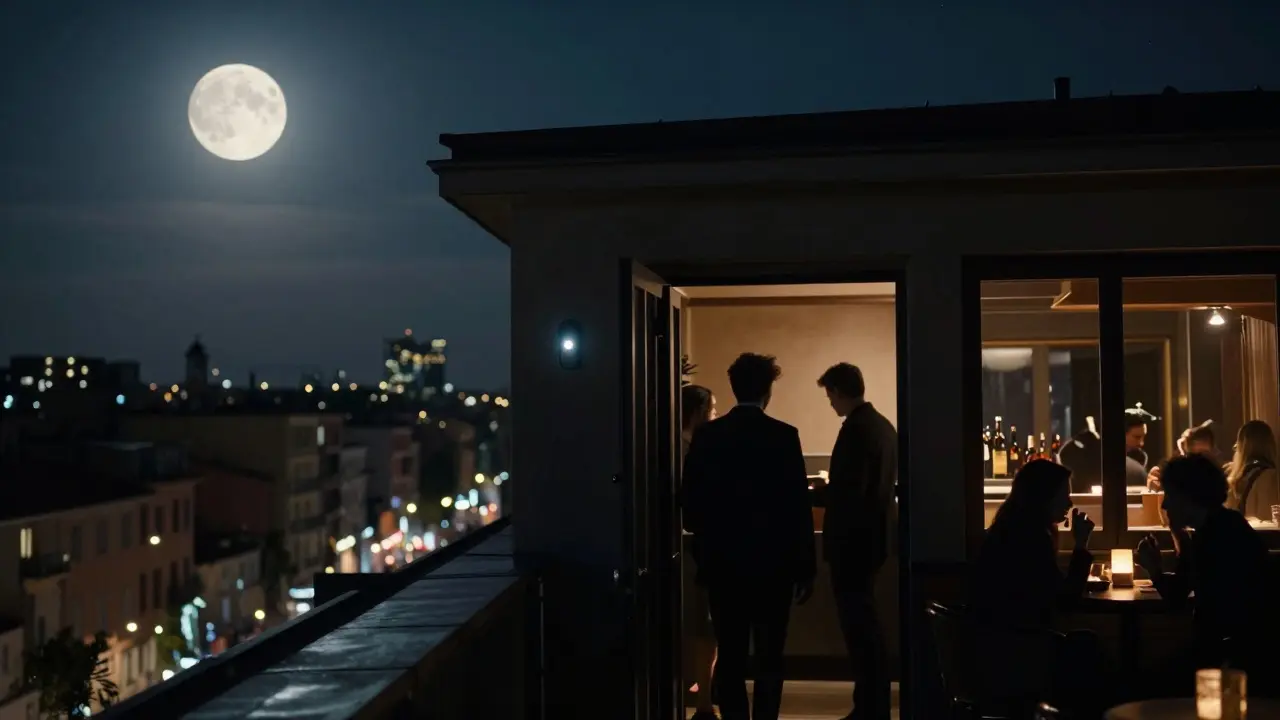 Hidden rooftop bar under a full moon with guests entering through a discreet doorway.