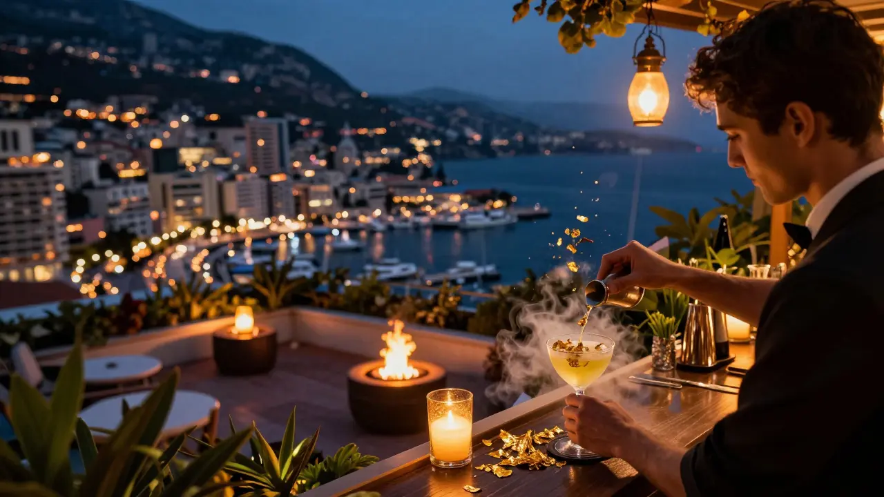 Hidden rooftop garden with fire pits and golden mist, overlooking Monaco’s lit harbor.