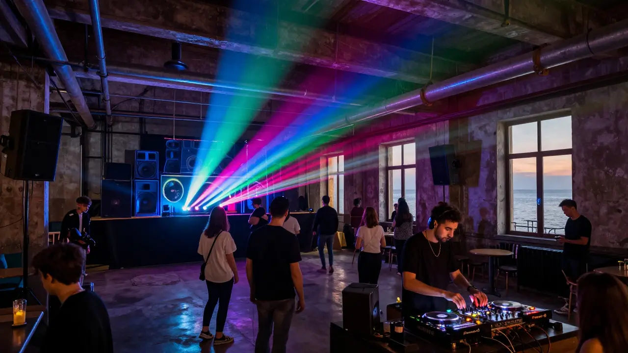 Industrial nightclub with pulsing lights and diverse crowd dancing to fusion music, exposed pipes and Bosphorus glow visible through windows.