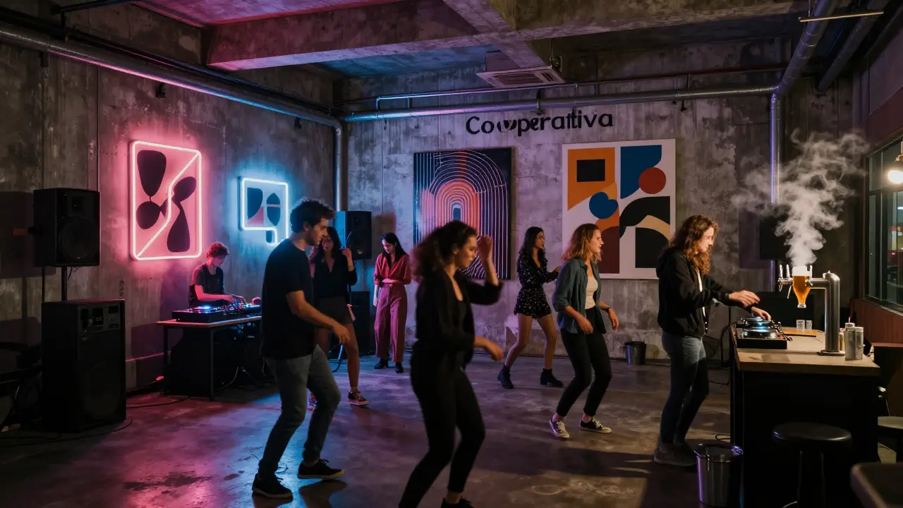 Industrial warehouse club Cooperativa at night, dancers under neon lights with live techno music and hand-brewed beer.