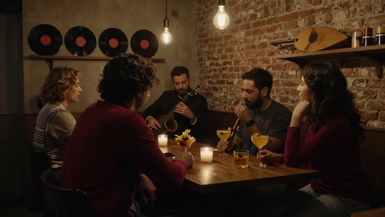 Intimate jazz speakeasy in Alserkal Avenue with patrons sipping cocktails by candlelight.