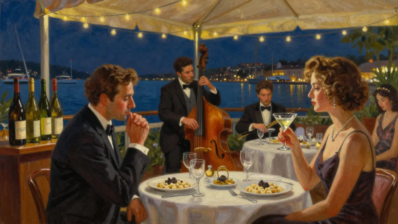 Intimate jazz terrace under string lights with diners enjoying midnight drinks.