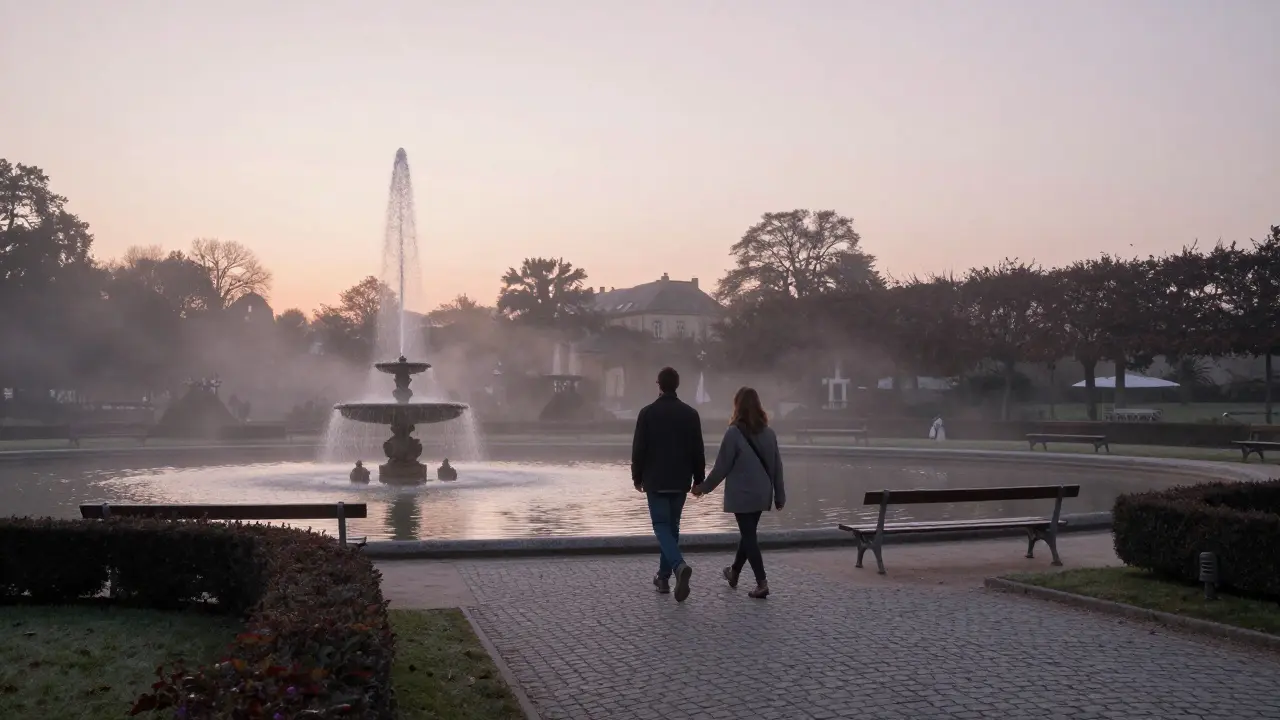 Man and woman walking hand-in-hand through Jardin du Luxembourg at sunrise, mist rising from a still fountain.