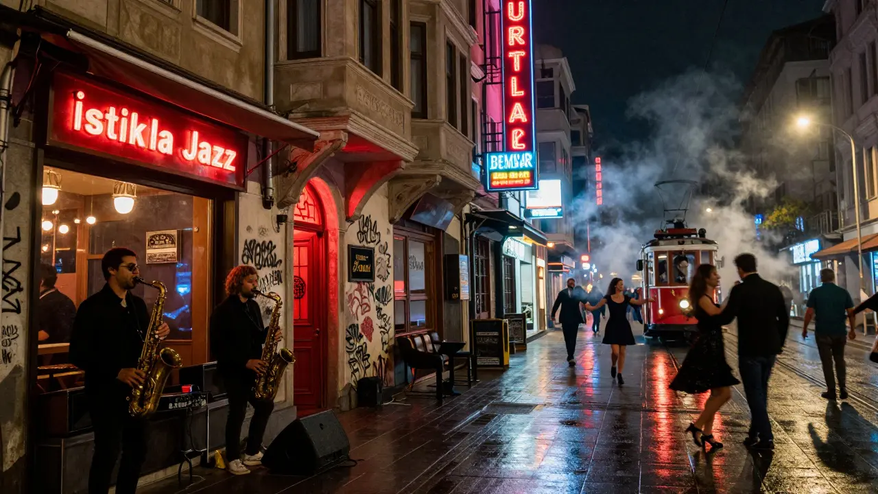 Neon-lit Beyoğlu street at night with jazz bar, hidden doorway, and silhouettes of dancers under tram lights and smoke.