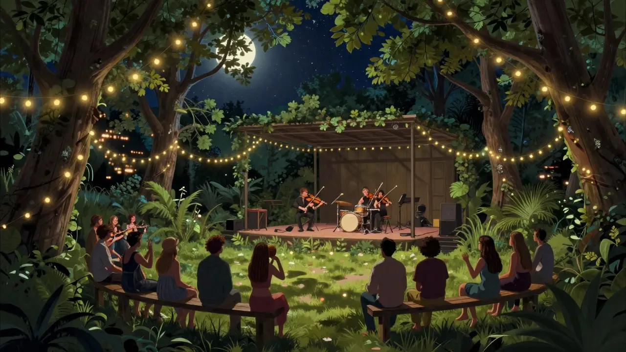 Open-air Cabaret Sauvage at night, surrounded by trees and fairy lights, audience dancing barefoot on grass under the stars.