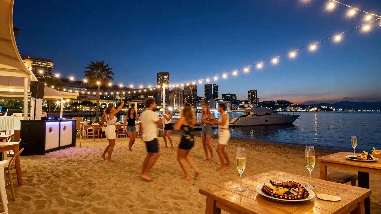 People dancing barefoot on sand at a beach club at night with string lights and ocean views.