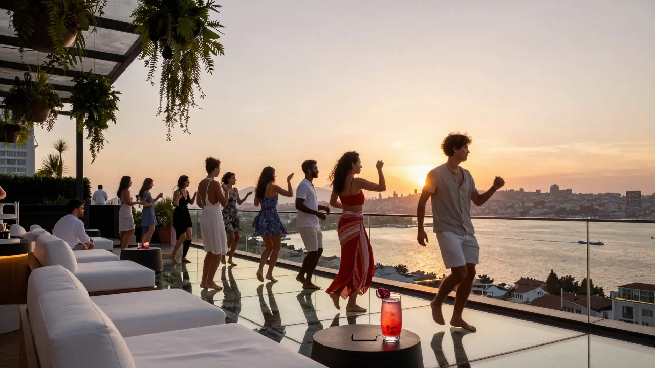 People dancing on a sleek rooftop at sunrise with city lights below and white leather loungers in the foreground.