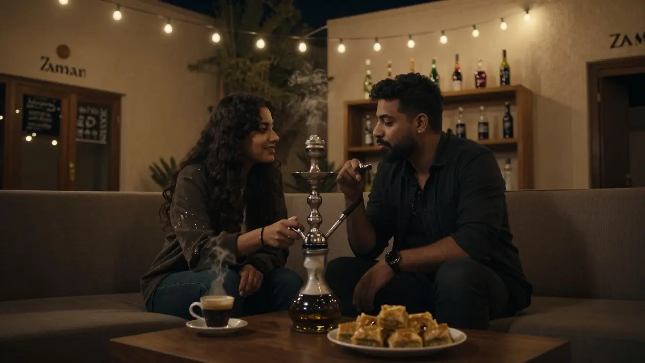 Quiet courtyard shisha spot with string lights, two people sharing a pipe and coffee.