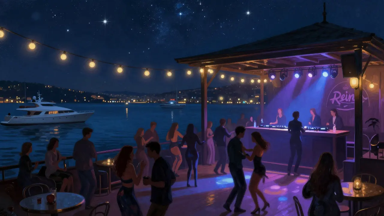 Reina nightclub terrace overlooking the illuminated Bosphorus with dancers and string lights under a starry sky.