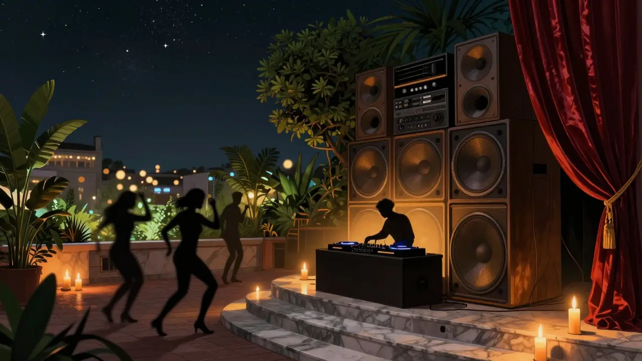 Rooftop club under stars with dancers silhouetted against a glowing sound system and garden greenery.