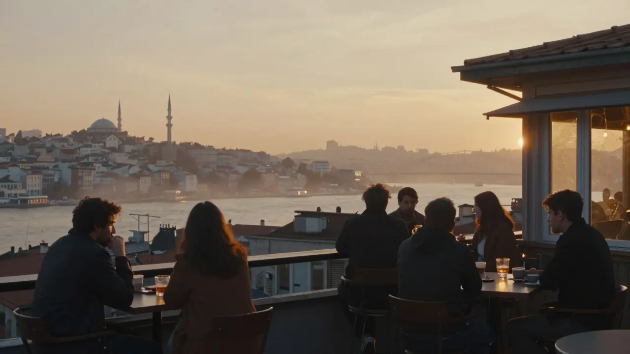 Serene rooftop terrace at dawn overlooking the Bosphorus, quiet figures sipping coffee as the city wakes up.