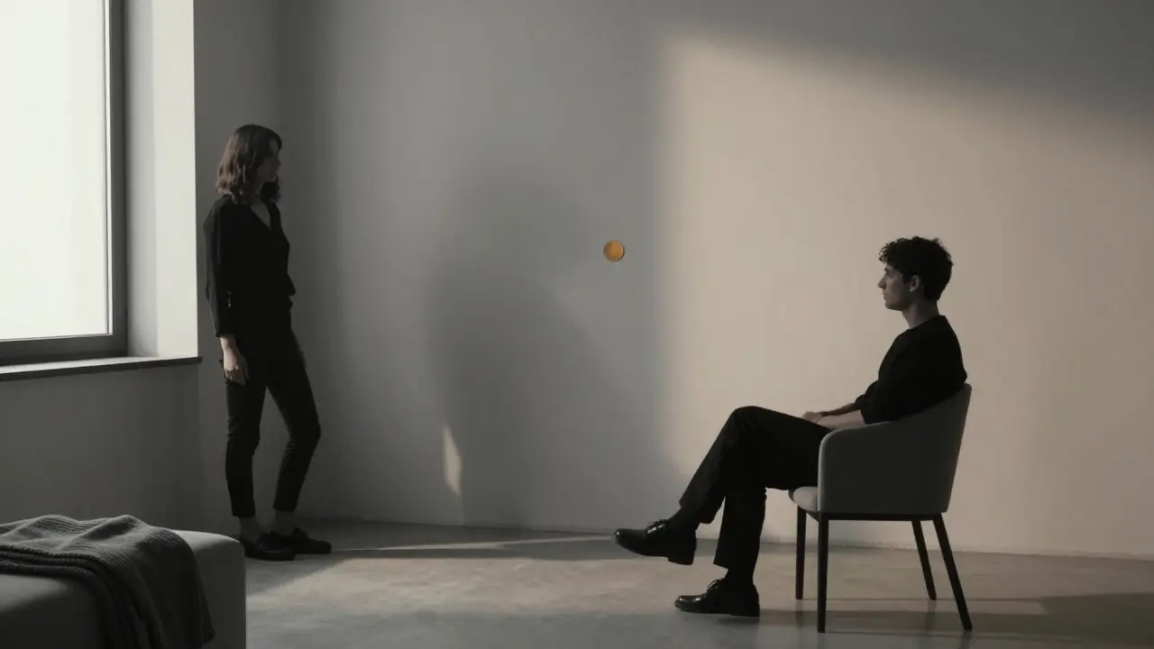 Silhouettes in a minimalist room suggest emotional presence, a folded blanket hinting at care.