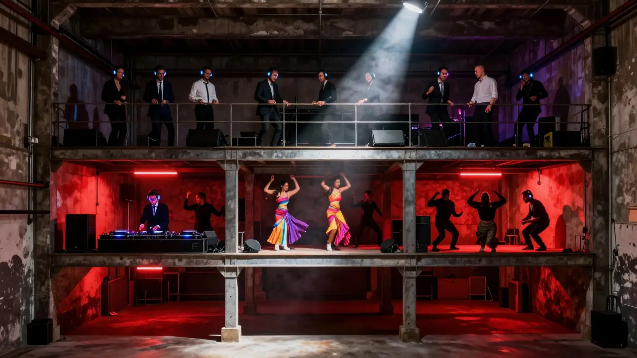 Three-floor warehouse club with contrasting lighting and diverse crowds dancing in different styles.