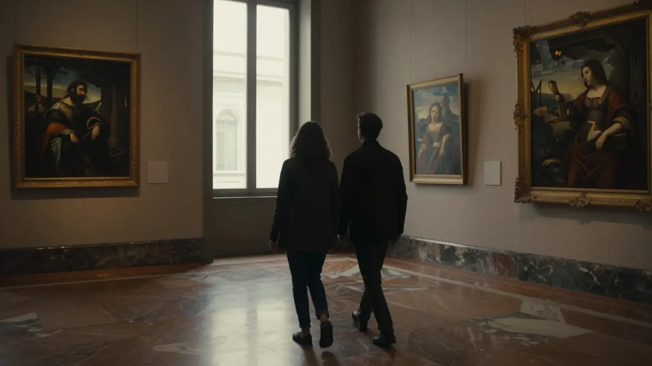 Two figures walking quietly through an art gallery, illuminated by natural window light, reflections on marble floor.