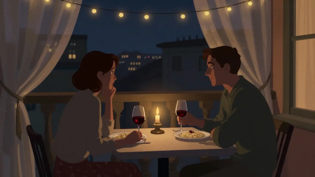 Two people enjoying a private evening on a terrace in Milan, softly lit by candles and string lights.