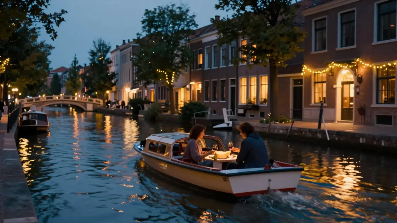 Two people floating peacefully on a lit canal boat in Milan, sharing wine under fairy lights.