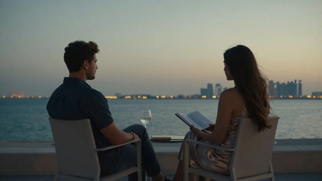Two people share a silent moment on a terrace at sunset, city lights glowing softly in the distance.