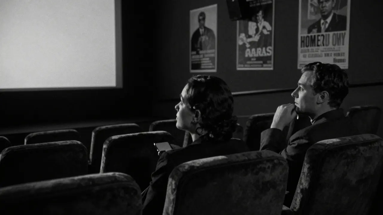 Two people silently watching a French film in the dim glow of Le Champo cinema’s screen.