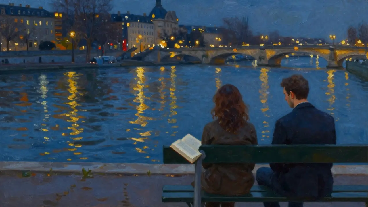 Two people sit silently by the Seine at night, their reflections in the water, sharing peaceful presence.