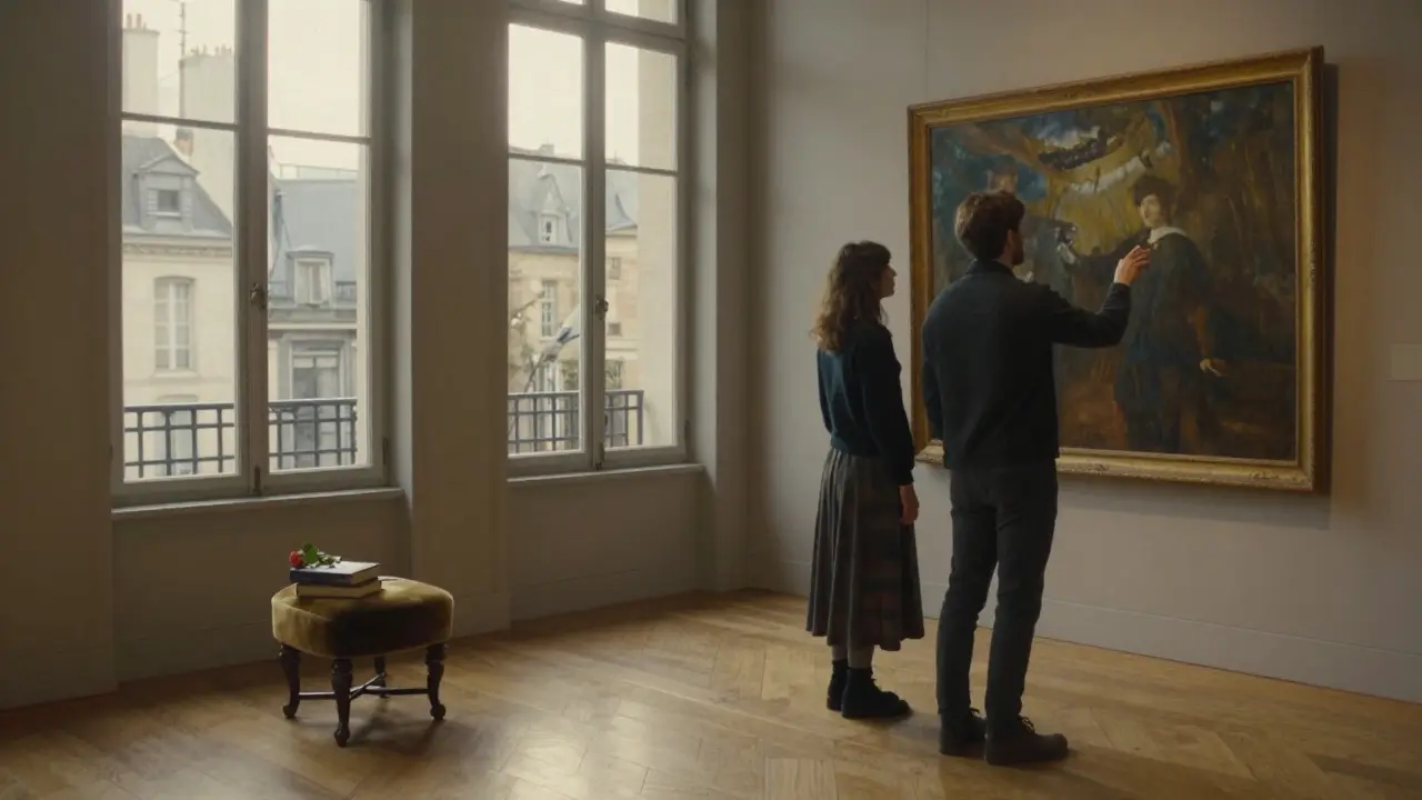 Two people viewing art in a quiet gallery at dawn, sunlight streaming through windows, books and a rose nearby.