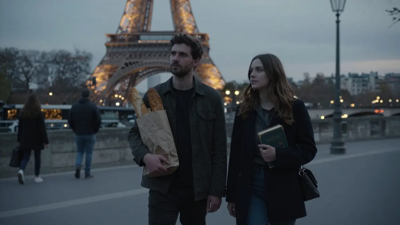 Two people walk along the Seine at dusk, each absorbed in their own thoughts, the city glowing softly around them.