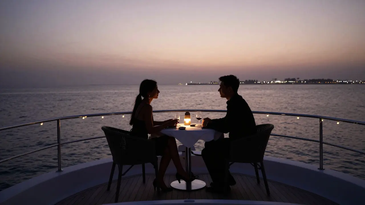 Two silhouetted figures share a quiet moment on a yacht at dusk, illuminated by soft lights above a dinner table on the deck.