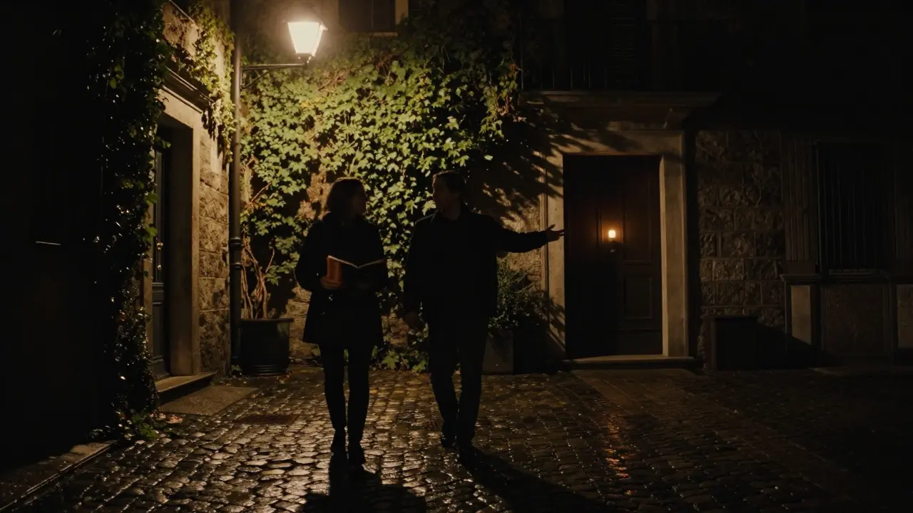 Two silhouetted figures walking through a misty Brera courtyard at night, guided by a single candlelit door.